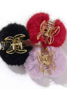 3 pièces/set Élégants clips à cheveux en fausse fourrure acrylique de couleur unie avec pompon, accessoires en tissu doux convenant pour le port quotidien, tenues de printemps/automne/hiver/été, pinces à cheveux de plage - Multicolore - Voir 11