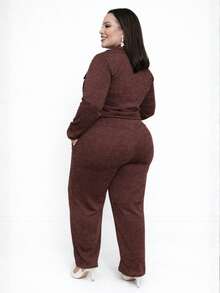 Women's Plus Size Ribbed Knit Set With Front Zipper And Pockets, Elastic Waist Pants, Casual Fashion - 鏽棕色 - 查看 2