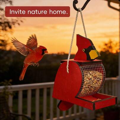 户外悬挂式喂鸟器，红色木质喂鸟器，悬挂式蜂鸟喂食器，鸟食托盘，适用于花园、庭院、后院装饰，春夏季节适用，送给爱鸟人士的礼物