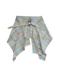 New Plaid One-Piece Waist Skirt With Decorative Drawstring, Unisex High Waist Tie-Up Versatile Skirt With Ruffle Hem Design, Suitable For Matching Family Outfits, Autumn/Winter - Light Blue and Yellow Checkered - View 13