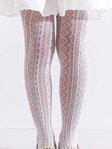 1 Set Girls' Diamond Jacquard Hollow Out Leggings, 2pcs Different Style Tight Fishnet Stockings, Suitable For Outfit In Spring/Summer - White - View 7