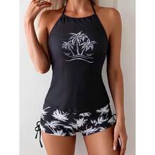 Local Delivery-Women'S Tankini Two-Piece Neck Hanging Swimsuit With Coconut Tree Print Swimsuit For Women - màu đen - Xem 7