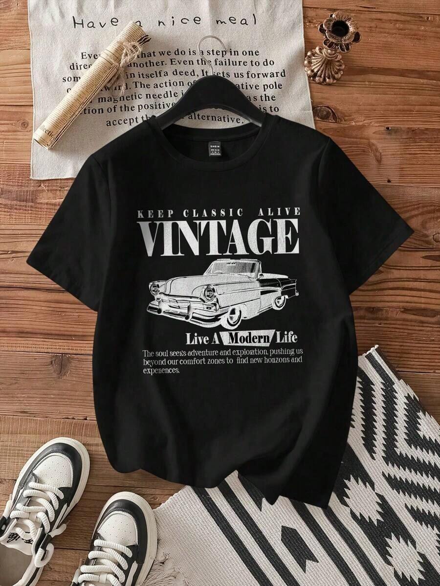 short sleevesMinimalist Casual Shirt Camiseta de mujer de manga corta, corte holgado, de cuello redondo, estampado gráfico de coche clásico vintage, de estilo minimalista informal, de mezcla de algodón, adecuada para el veranoLeisure - Negro - Ver 1
