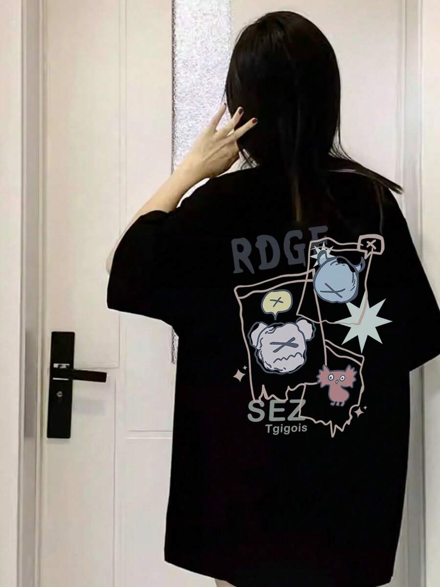 休闲宽松卡通印花短袖T恤,百搭,春夏款 - 高級黑 - 查看 1