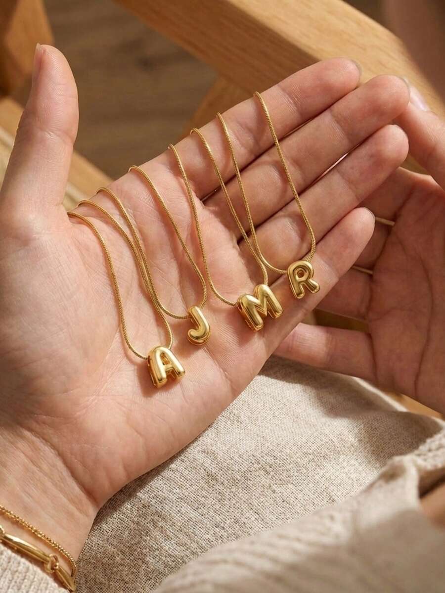 1pc Exquisite Small Gold Stainless Steel 26 Letter Pendant Necklace Fashion Jewelry Accessory Party Decoration Gift For Family And Friends - Gold - View 1