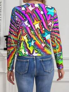 Rainbow Star And Wave Print Women's Round Neck Short Long-Sleeve Jacket, Polyester Fiber Fabric, Lightweight And Breathable, Women's Clothing, Regular Women's Clothing, Women's Outerwear, Women's Regular Outerwear - Nhiều màu - Xem 3