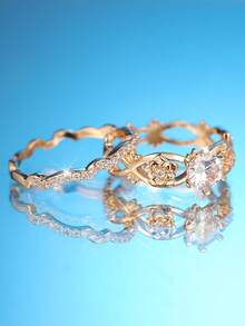 两件套，优雅圆形切割白色合成锆石和玫瑰花设计14K镀金戒指，适合情人节、派对、日常佩戴，四季皆宜。 - 白色 - 查看 3