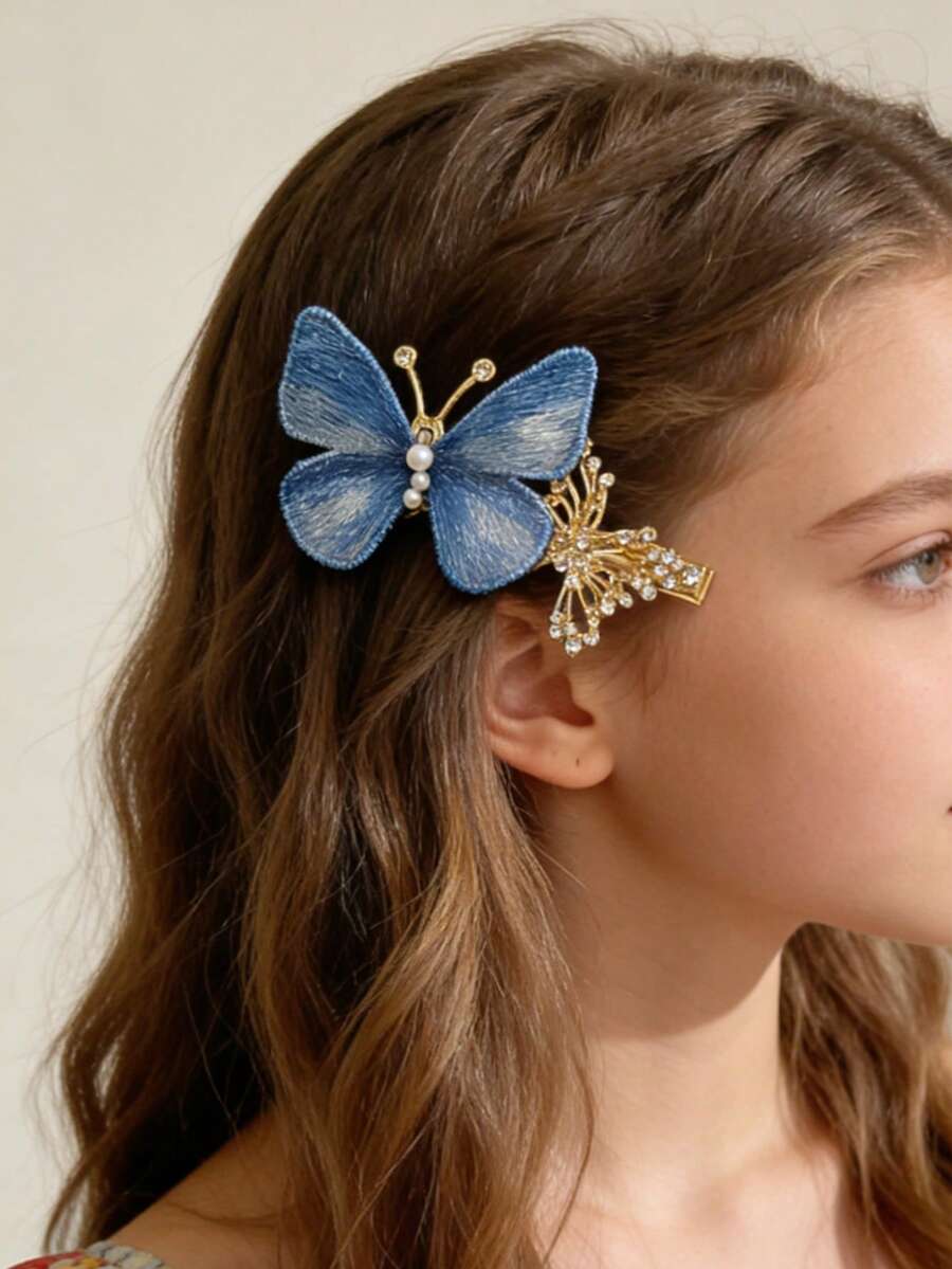 1pc Girl's Hair Clip, Rhinestone Butterfly Hair Clip, Side Bangs Hair Clip, Suitable For Daily Casual/Holiday Party/Wedding Bridesmaid Headdress Hair Accessory - Multicolor - View 1