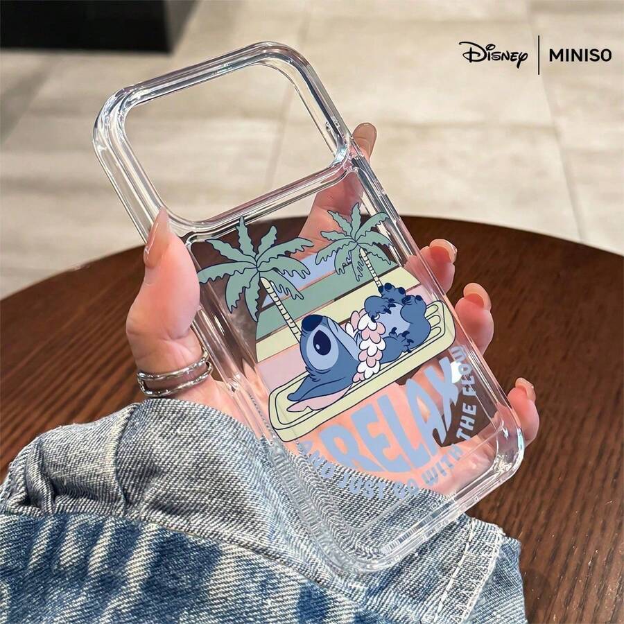 Disney Stitch Phone Case, "Go With The Flow" Tropical Beach Pattern, Casual & Cute Disney Accessory, Suitable For IPhone 17/17 Pro/17 Pro Max/17 Air/16/15/14/13/12/11/X Series Transparent Space Print Phone Case - Clear - View 1