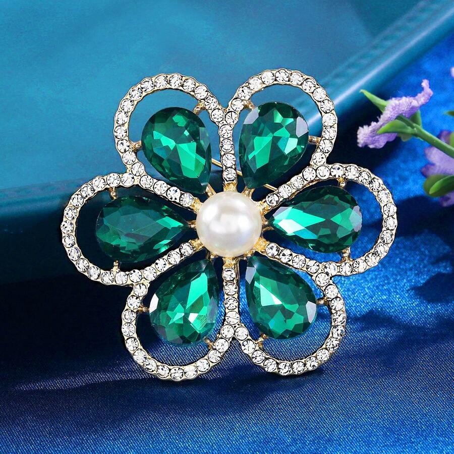 1 pieza Broche de flor de perla esmeralda de lujo, broche de girasol chapado en oro con cristal, accesorio elegante de regalo para mujer para bodas y fiestas - flores - Ver 1