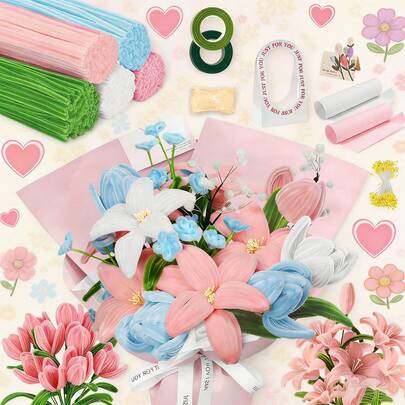 527/677 件套毛根花艺套装 – 5 种颜色毛根，含礼盒、粉色和白色包装纸、花茎、胶带、贺卡、丝带、花蕊 – 母亲节、夏季节日、婚礼、派对装饰、家居装饰、成人手工、DIY 礼品制作等全套艺术用品