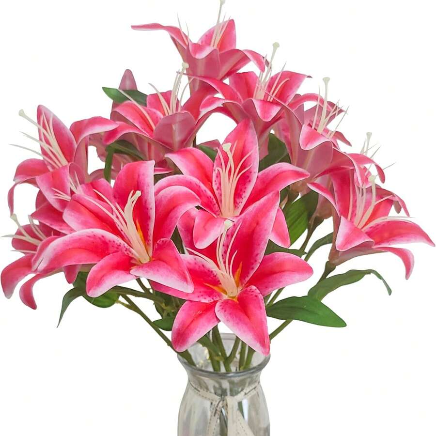 6pcs 23-Inch Artificial Lily Stems With 3 Full Blooms And 4 Leaves, Latex Material, Realistic Touch, Suitable For Wedding Bouquets - Hot Pink - View 1