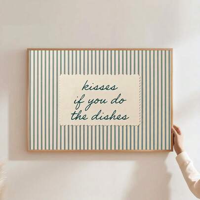 1幅装裱/未装裱“如果你洗碗就亲亲”趣味语录帆布海报，温馨蓝条纹乡村厨房墙面艺术印刷品，简约餐厅装饰，别致复古画作，适用于公寓、客厅、现代家居装饰