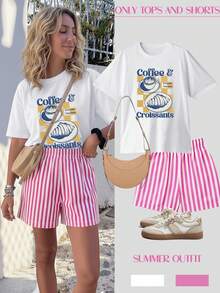 Conjunto de top de manga corta holgado y shorts a rayas con estampado de café y croissant, estilo casual de verano, inspiración de vacaciones, estilo costero, París, Los Ángeles, Londres, Bangkok - Blanco - Ver 4