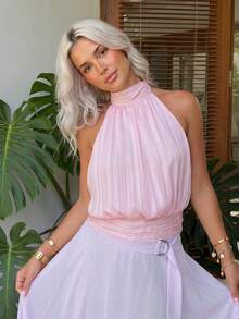 Womens Summer Halter Tank Tops Fashionable Solid Color/Dot Print Backless Going Out Vest - Rosa - Ver 3