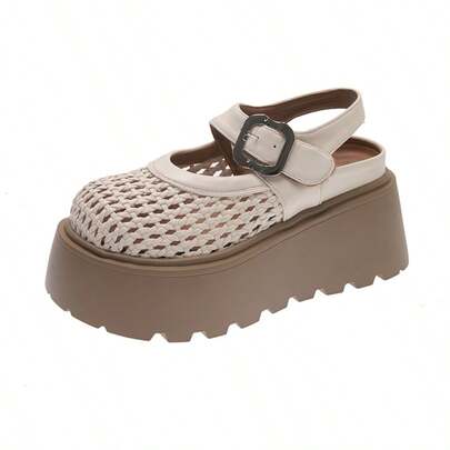 Giày sandal đế xuồng dệt kim khóa kim loại thời trang nữ, thích hợp mặc hàng ngày.