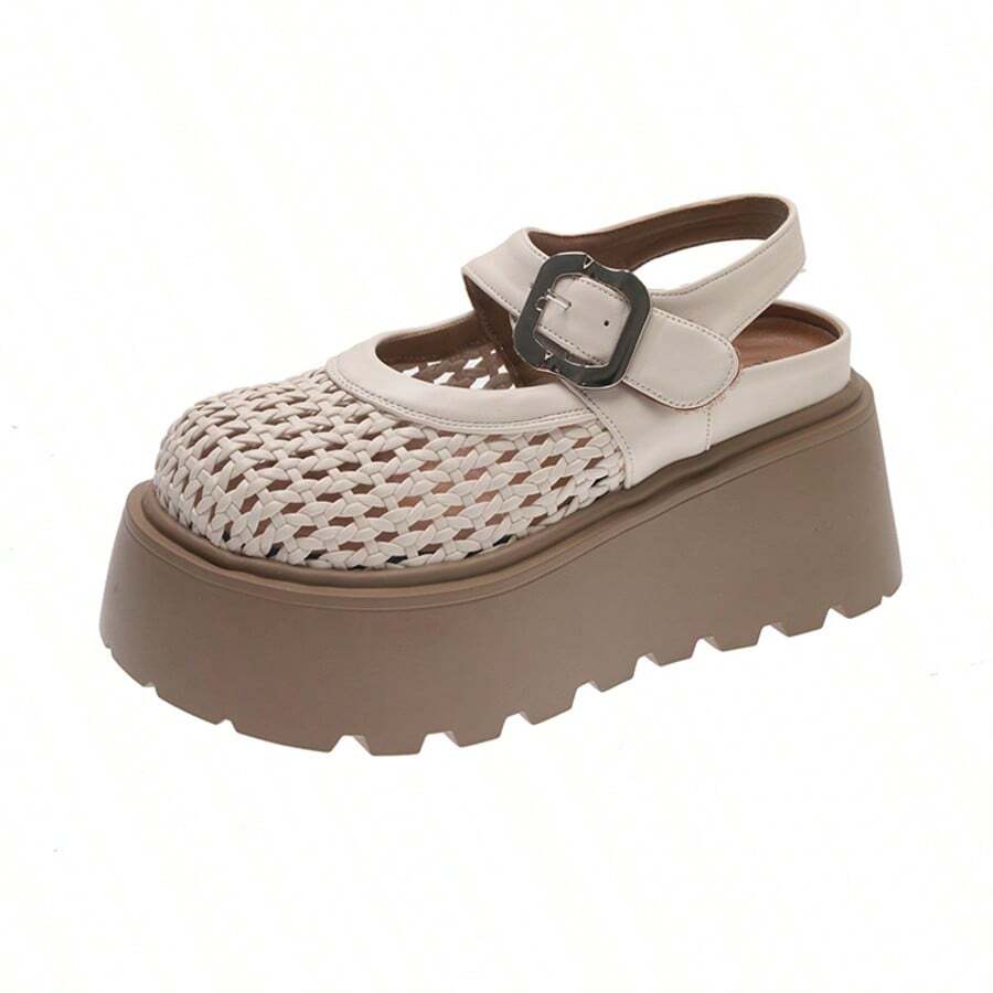 Giày sandal đế xuồng dệt kim khóa kim loại thời trang nữ, thích hợp mặc hàng ngày. - Màu be - Xem 1
