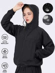 女士轻便透气防紫外线夹克，UPF可折叠户外徒步夹克，带拉链口袋，清凉透气运动服，防晒夹克，适合骑行、户外活动和日常穿着 - 黑色 - 查看 1