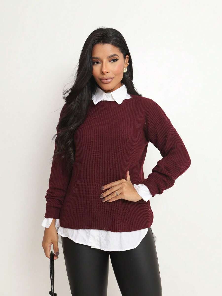 Woman Village Women's Long Sleeve Knit Blouse, Polyester, Winter - Color caoba - Ver 1
