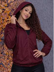 Women's Sports Jacket With Front Pockets And Hood - Burgundy - View 3