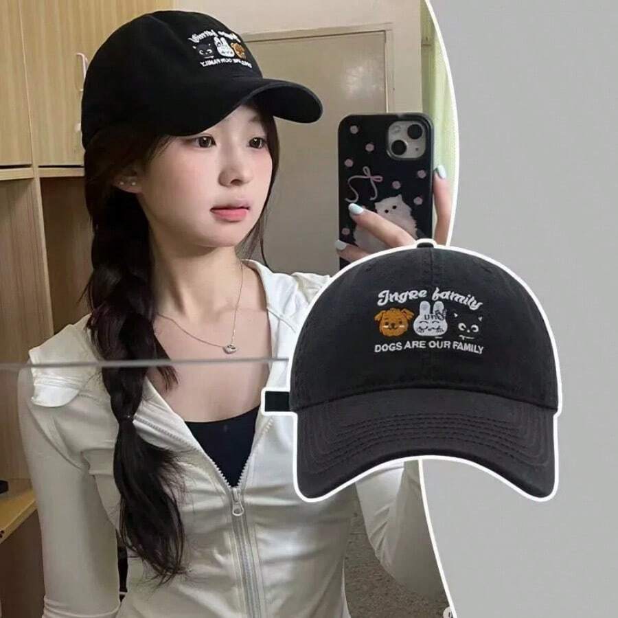 Cute Cartoon Embroidered Baseball Cap, Black Washed Dad Hat For Men, Adjustable Low Profile Casual Sun Hat,Summer,Beach,Holiday - Multicolor - View 1