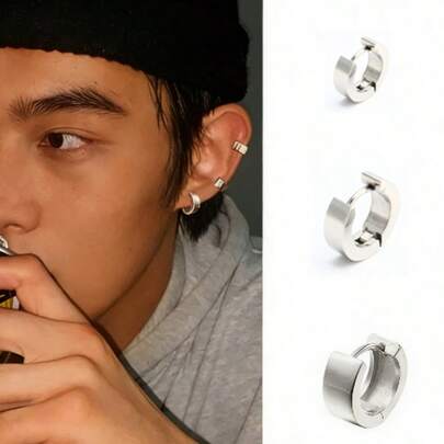 Bộ 2 khuyên tai bằng thép không gỉ màu bạc tối giản, thiết kế vòng tròn hình học dày dặn, khuyên tai kẹp vành tai unisex phù hợp cho phong cách đường phố hàng ngày.