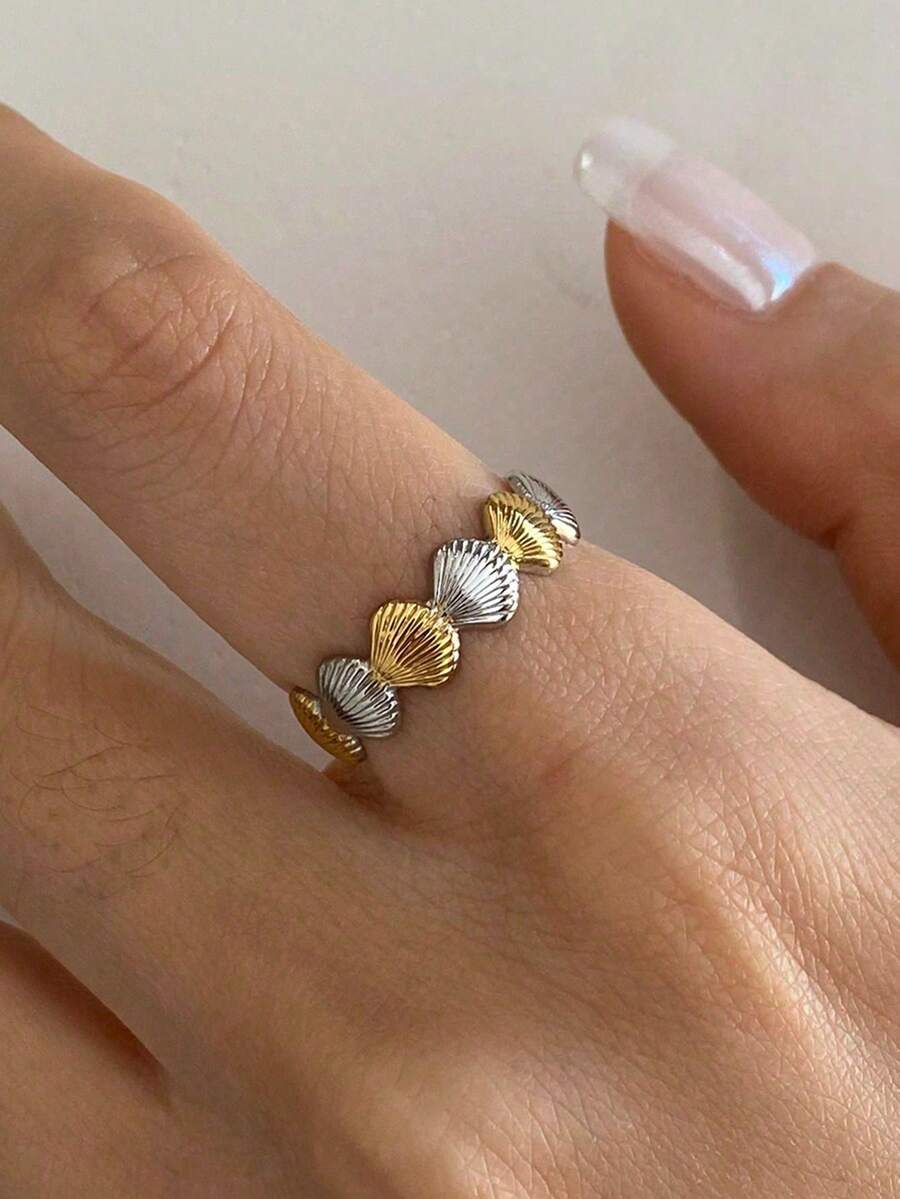 1pc Stainless Steel Colorblock Shell Ring, Suitable For Women's Beach Vacation Outfit - Gold - View 1