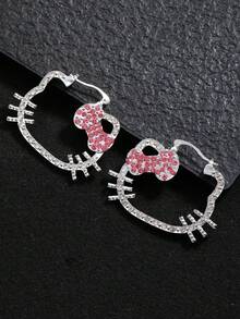 Sanrio 1件装 Hello Kitty 超闪亮粉钻镂空耳环，甜美时尚，高端大气，适合女孩佩戴。 - 粉色 - 查看 4