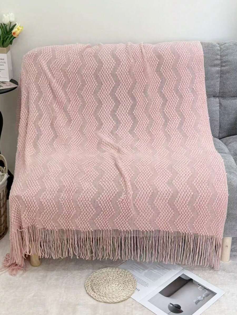 Manta de punto acogedora con detalle de volantes para todas las estaciones, multiusos & cómoda para acampar, sofá, tomar el sol y siestas, manta de punto con ribete de volantes, manta de camping - Franja de burbujas rosa - Ver 1