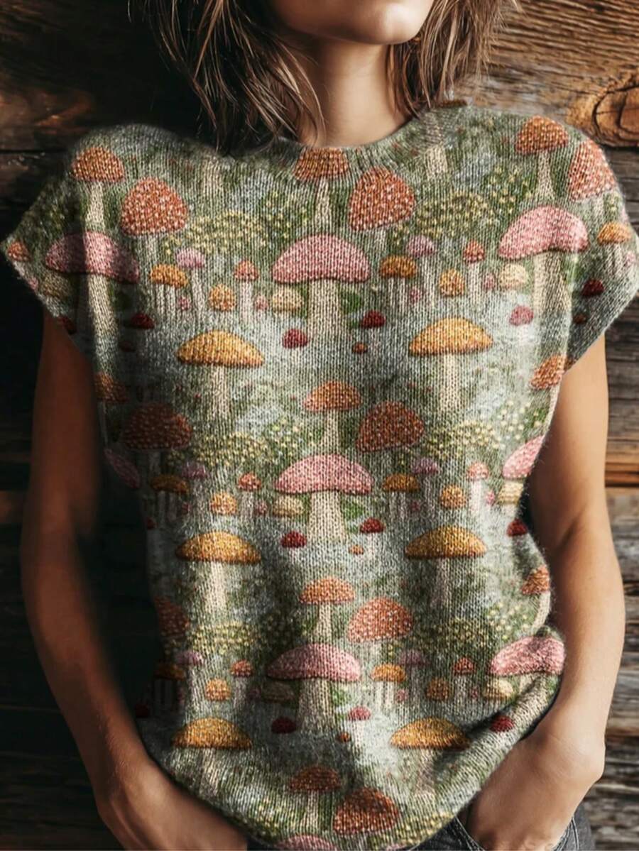 2026 New Arrival Women's Retro Colorblock Print Crew Neck Loose Knit Top;Summer Tops;Summer Outfits For Women;Summer Clothes - 混合色3 - 查看 1