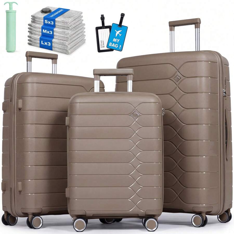3-Piece PP Lightweight Hard Shell Luggage Set, 20/24/28 Inch Suitcase Set With Spinner Wheels, Adjustable Handle, Includes Vacuum Storage Bags - Champagne - View 1