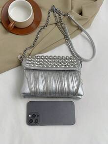 女士新款铆钉小方包，流苏斜挎包，女士单肩包 - 銀色 - 查看 7