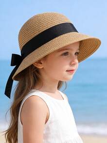 1 Peça Chapéu de Sol de Aba Larga com Laço Preto para Meninas de 2-6 Anos, Chapéu de Praia de Verão Fofo com Proteção UV para Crianças Pequenas em Viagens ao Ar Livre - Laço de fita - Visão 3