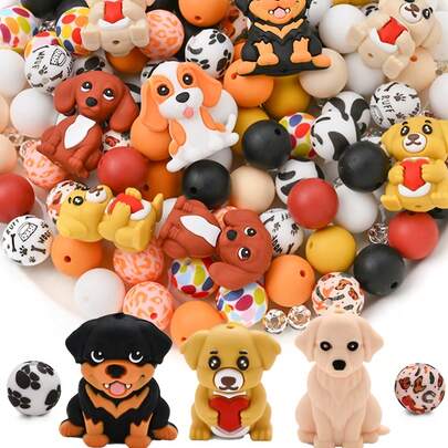 15pcs Animal Shaped Silicone Beads Set, Cute Dog Design Beads With Colorful Printed Round Beads, Suitable For DIY Jewelry Making, Bracelets, Necklaces, Pens, Phone Charms, Bag Decorations And Crafts
