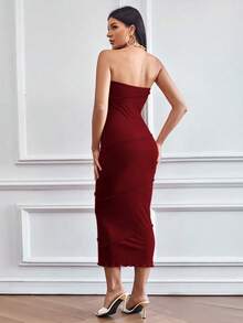 New Spring/Summer Strapless Fitted Midi Dress - Elegant Backless Party Evening Gown - Burgundy - View 3