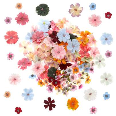 32个仿真花头，丝质雏菊，仿真波斯菊，DIY手工花，装饰仿真花。迷你花头，散装仿真花，婚礼装饰，手工制作，DIY发饰，派对背景装饰。婚礼桌面装饰及DIY，发饰及发带，手工制作及礼品包装，家庭派对背景装饰，服装及帽子装饰（颜色随机）