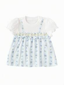 Balabala 2026款女婴叠层针织T恤，仿两件式设计，柔软棉质，轻盈透气上衣 - 藍色調 - 查看 1