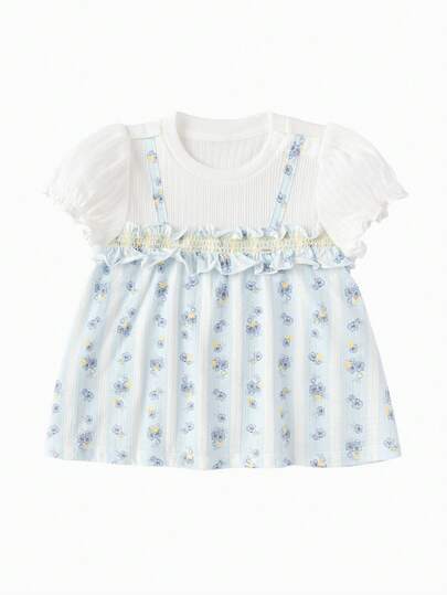 Balabala 2026款女婴叠层针织T恤，仿两件式设计，柔软棉质，轻盈透气上衣