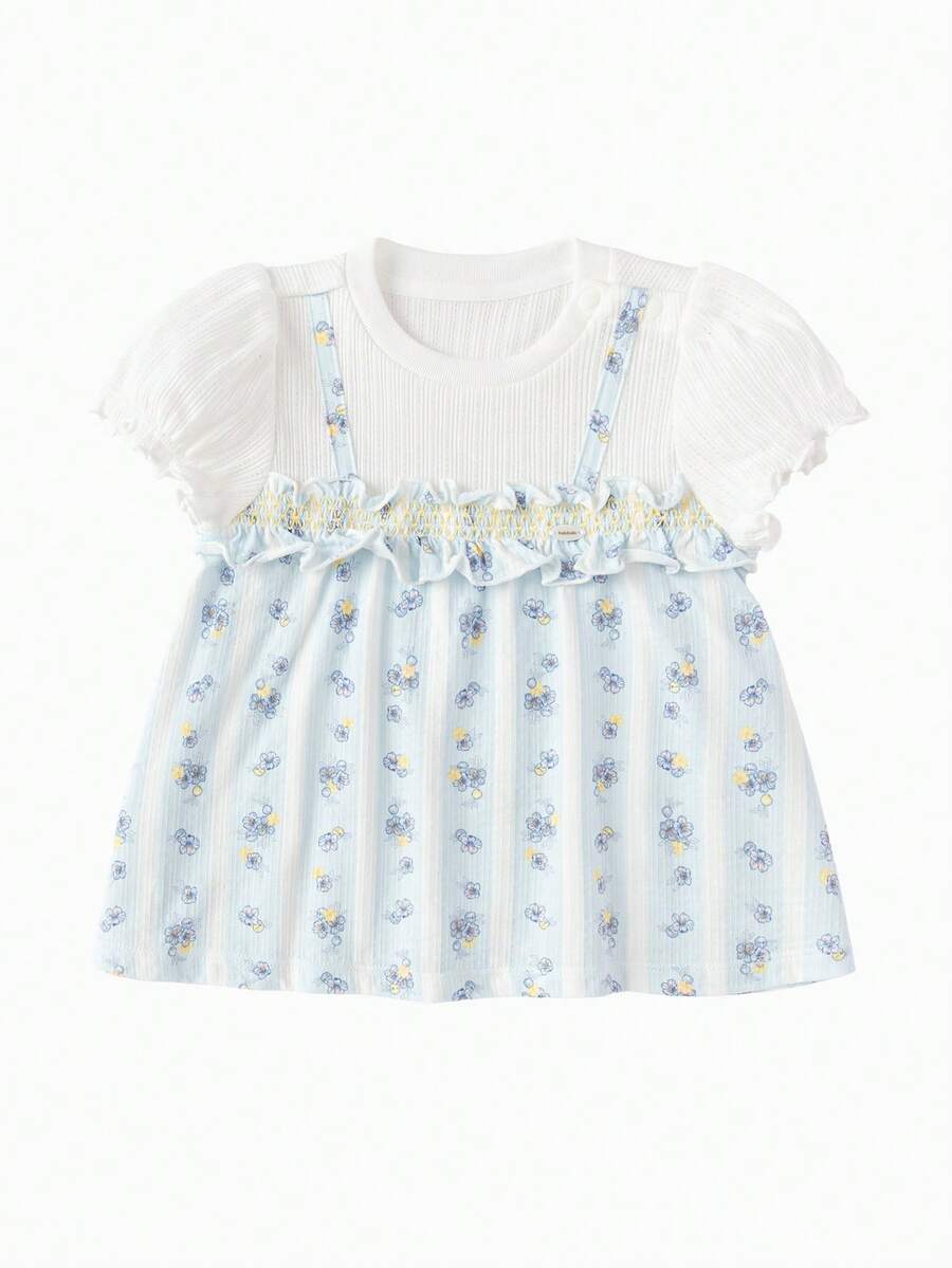 Balabala 2026款女婴叠层针织T恤，仿两件式设计，柔软棉质，轻盈透气上衣 - 藍色調 - 查看 1