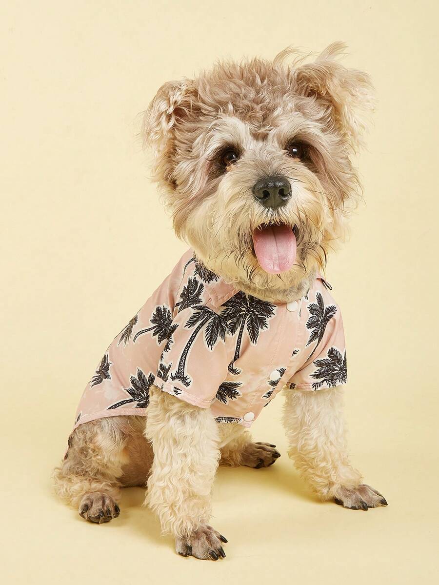 小型/中型犬夏威夷菠萝棕榈树岛屿图案衬衫,宠物服装,适合猫狗,春夏皆宜 - 粉色 - 查看 1