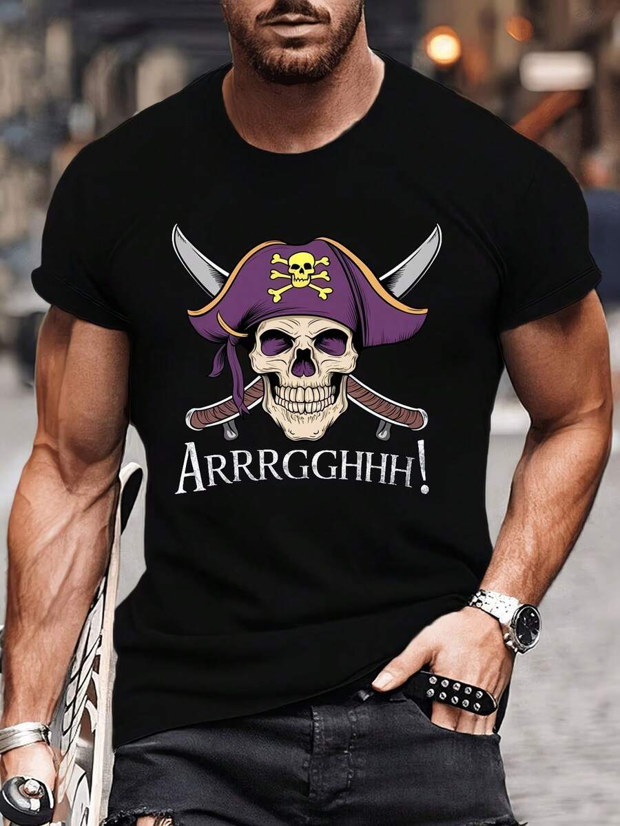 Camiseta Estampada Masculina Pirata ARRRGGHHH Estilosa Básica Casual Street 100% Algodão Promoção - Preto - Visão 1