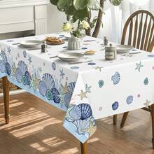 Rectangular Blue Watercolor Seashell & Seaweed Washable Seasonal Tablecloth, Suitable For Party, Picnic, Dinner Decoration - Dusty Blue - View 4