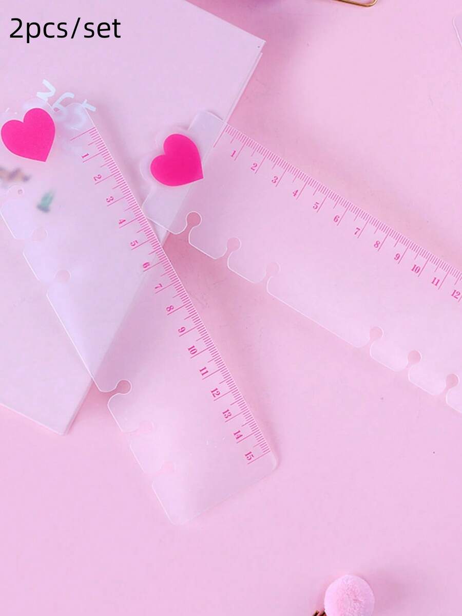 Set de 2 reglas marcapáginas con forma de corazón rosa, prácticas y lindas, nuevo tipo de regla para cuadernos de hojas sueltas - gobernante - Ver 1
