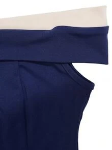 女士优雅针织露肩修身连衣裙，简约设计，适合日常穿着，春夏款 - 寶藍色 - 查看 4