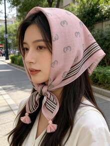 1条棉质马元素印花58厘米小方巾，时尚流苏发带，优雅 - 彩色 - 查看 10