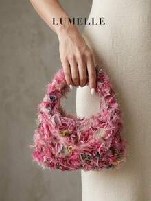 Túi xách nữ kiểu hobo màu hồng gradient lãng mạn, chất liệu vải dệt họa tiết, xếp nếp, họa tiết hoa 3D, viền tua rua, thích hợp cho đi chơi hàng ngày và những dịp đặc biệt. - Màu Hồng  Dưa hấu - Xem 1