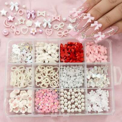 1 Hộp 12 ô đính đá hỗn hợp hình nơ, trái tim, ngọc trai, gấu, hoa nhỏ, bướm, quả anh đào, đồng xu, đá trang trí móng tay dạng phẳng, đồ dùng làm móng tự chế, phụ kiện móng tay, đá trang trí móng.