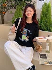 女士休闲卡通字母印花短袖圆领T恤，夏季 - 黑色 - 查看 4