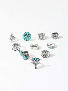 Set de 10 anillos vintage con turquesa falsa, anillos con diseño de cabeza de toro y árbol tallado en óvalo de turquesa falsa para mujeres - Plateado - Ver 4