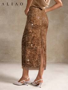 Chân váy xẻ tà đính sequin jacquard cao cấp Aliao Xuân/Hè, phong cách cổ điển thanh lịch, thích hợp mặc hàng ngày, ngày Valentine và đám cưới. - Màu Khaki - Xem 6